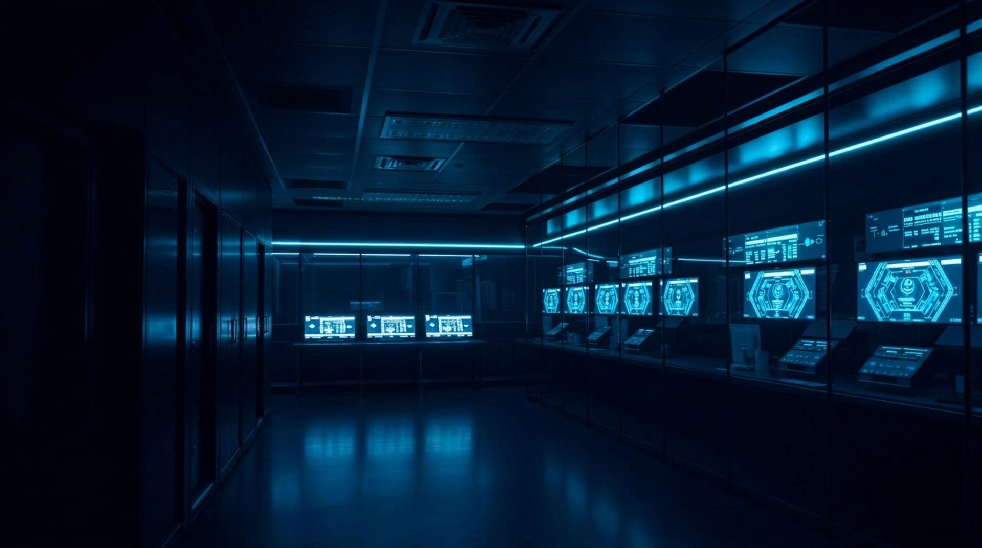 Dark operations room with secured AI consoles behind glass